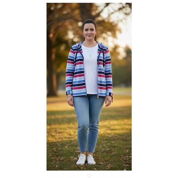 Crown & Ivy Cotton Jersey Striped Hoodie Jacket Lightweight Casual Womens Large - Picture 1 of 9
